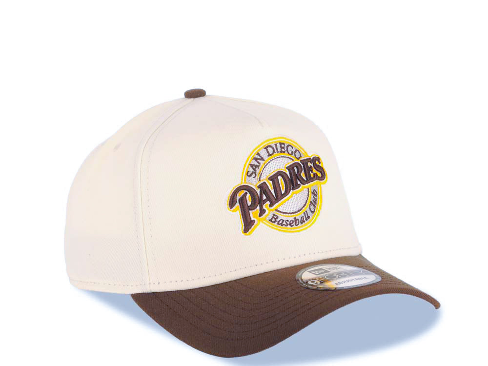 San Diego Padres New Era MLB 9FORTY 940 Adjustable A-Frame Cap Hat Cream Crown Brown Visor Brown/Yellow Baseball Club Logo Gray UV