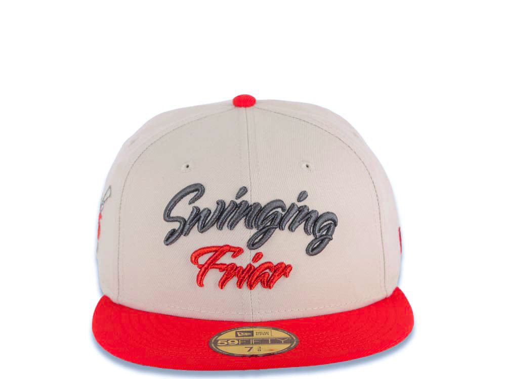 San Diego Padres New Era MLB 59FIFTY 5950 Fitted Cap Hat Stone Crown Red Visor Metallic Black/Red Script Logo Swinging Friar Side Patch Gray UV