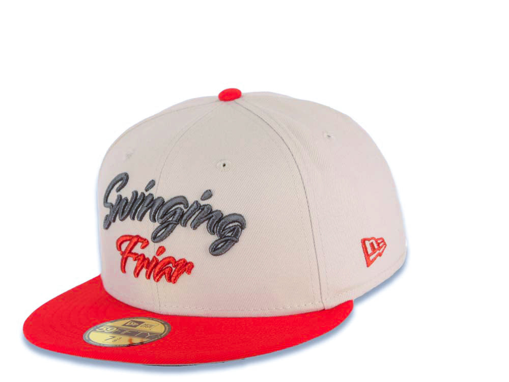 San Diego Padres New Era MLB 59FIFTY 5950 Fitted Cap Hat Stone Crown Red Visor Metallic Black/Red Script Logo Swinging Friar Side Patch Gray UV