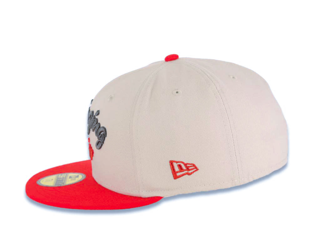 San Diego Padres New Era MLB 59FIFTY 5950 Fitted Cap Hat Stone Crown Red Visor Metallic Black/Red Script Logo Swinging Friar Side Patch Gray UV