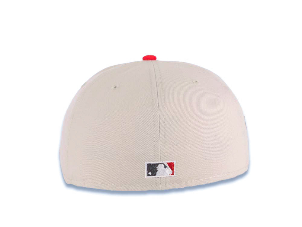 San Diego Padres New Era MLB 59FIFTY 5950 Fitted Cap Hat Stone Crown Red Visor Metallic Black/Red Script Logo Swinging Friar Side Patch Gray UV