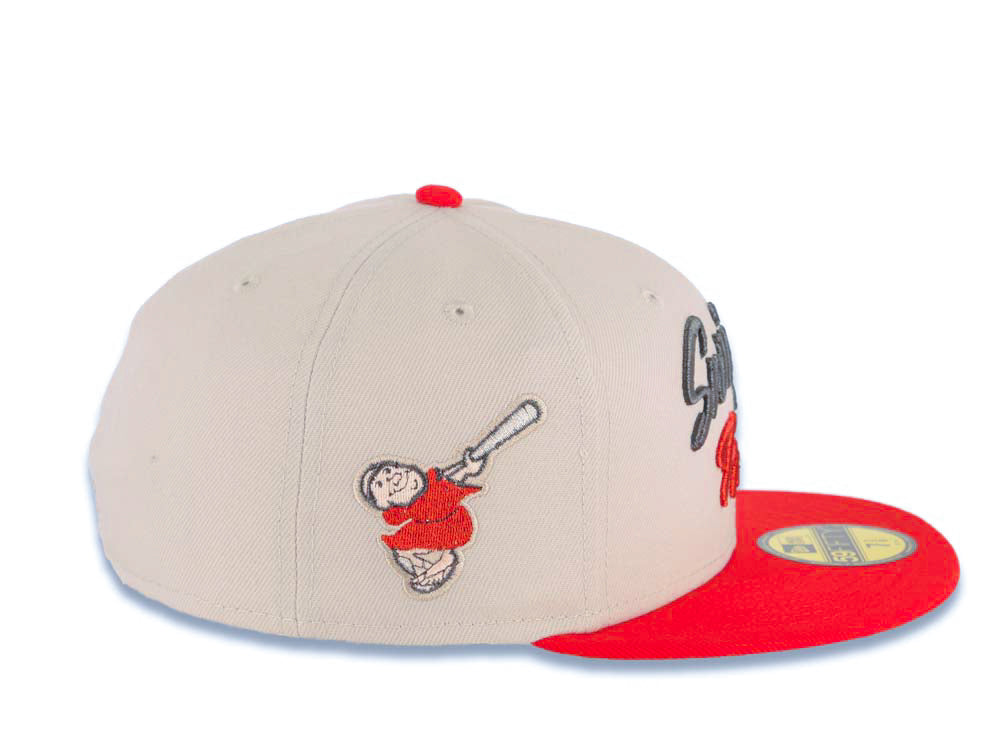 San Diego Padres New Era MLB 59FIFTY 5950 Fitted Cap Hat Stone Crown Red Visor Metallic Black/Red Script Logo Swinging Friar Side Patch Gray UV