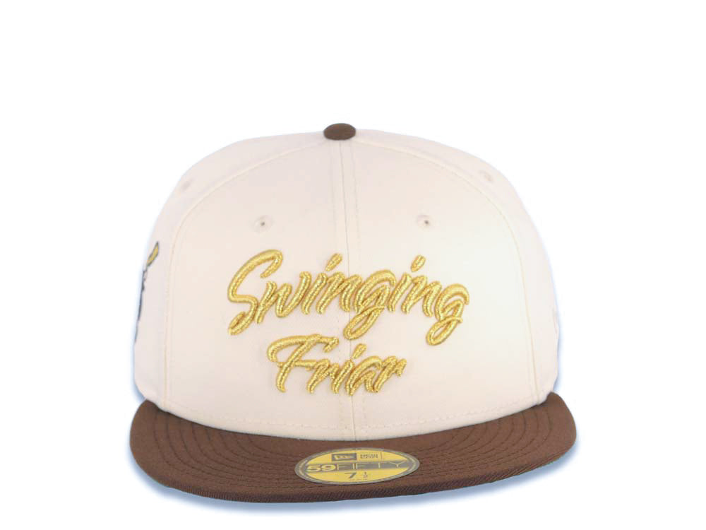 San Diego Padres New Era MLB 59FIFTY 5950 Fitted Cap Hat Cream Crown Brown Visor Brown/Metallic Gold Script Logo Swinging Friar Side Patch Green UV
