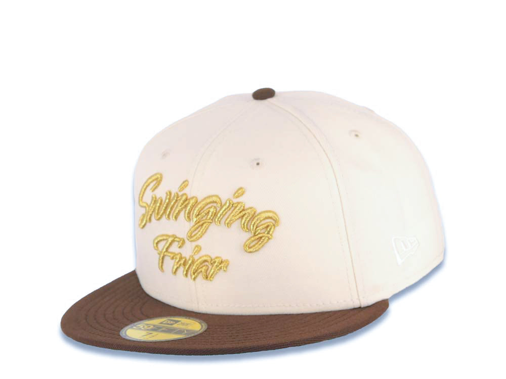 San Diego Padres New Era MLB 59FIFTY 5950 Fitted Cap Hat Cream Crown Brown Visor Brown/Metallic Gold Script Logo Swinging Friar Side Patch Green UV