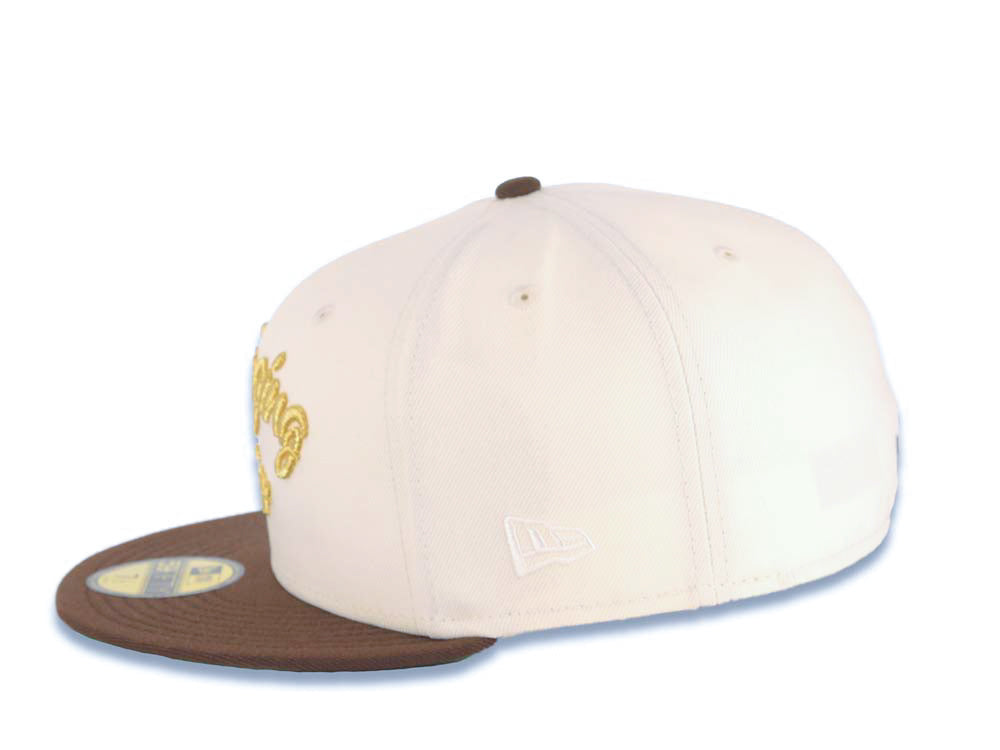 San Diego Padres New Era MLB 59FIFTY 5950 Fitted Cap Hat Cream Crown Brown Visor Brown/Metallic Gold Script Logo Swinging Friar Side Patch Green UV