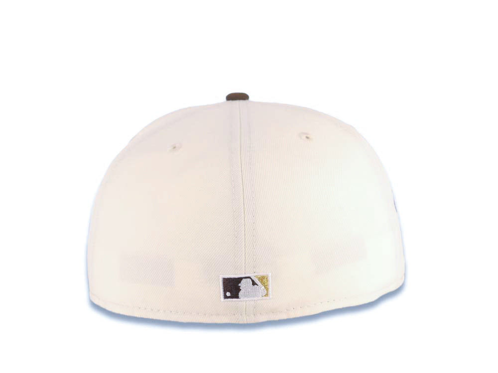 San Diego Padres New Era MLB 59FIFTY 5950 Fitted Cap Hat Cream Crown Brown Visor Brown/Metallic Gold Script Logo Swinging Friar Side Patch Green UV
