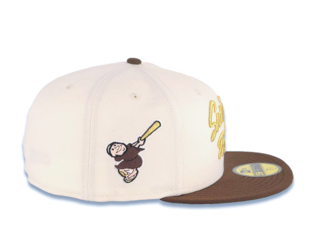 San Diego Padres New Era MLB 59FIFTY 5950 Fitted Cap Hat Cream Crown Brown Visor Brown/Metallic Gold Script Logo Swinging Friar Side Patch Green UV