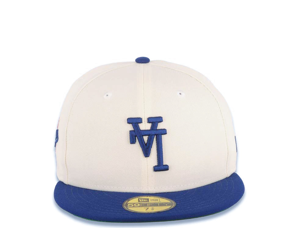 Los Angeles Dodgers New Era MLB 59FIFTY 5950 Fitted Cap Hat Cream Crown Royal Blue Visor Royal Blue Upside Down Logo Green UV