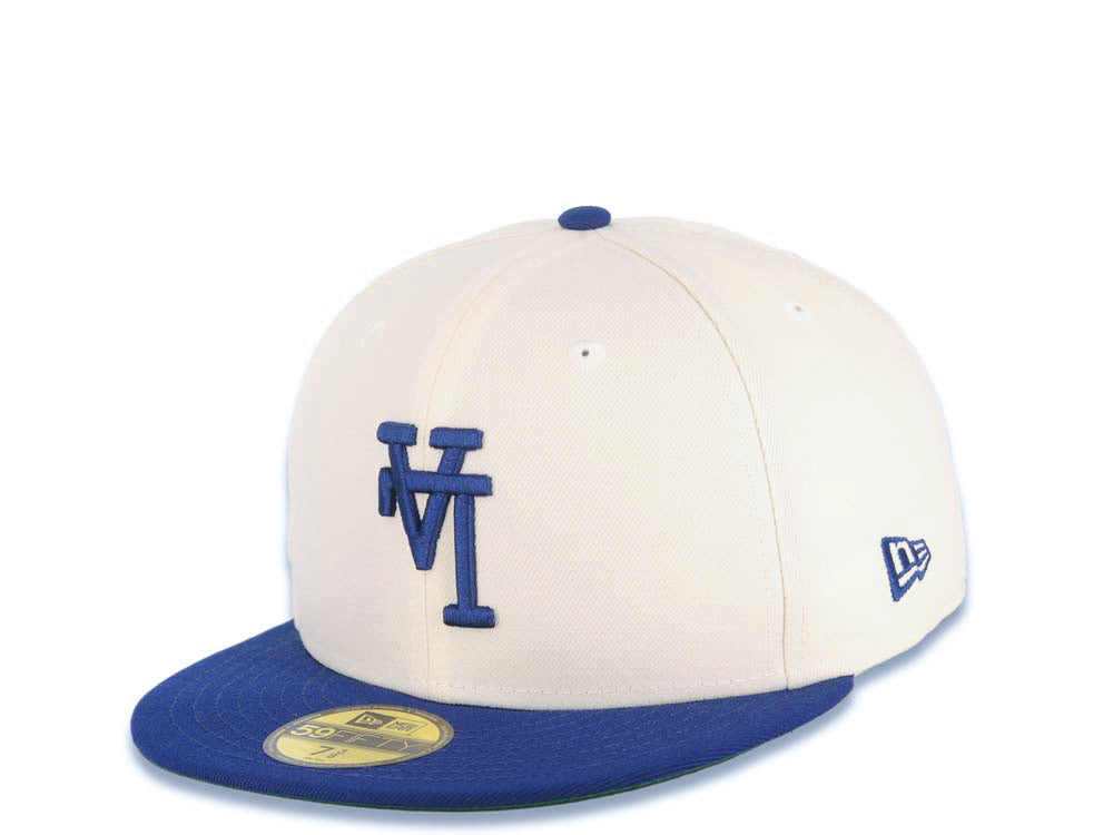 Los Angeles Dodgers New Era MLB 59FIFTY 5950 Fitted Cap Hat Cream Crown Royal Blue Visor Royal Blue Upside Down Logo Green UV