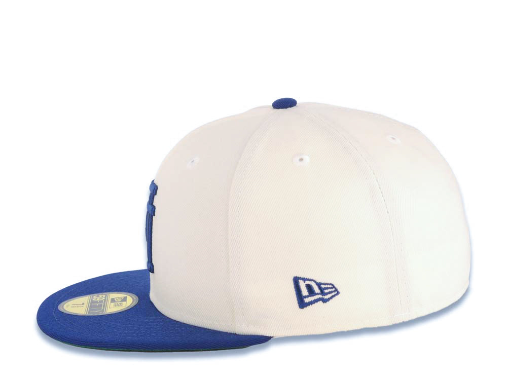 Los Angeles Dodgers New Era MLB 59FIFTY 5950 Fitted Cap Hat Cream Crown Royal Blue Visor Royal Blue Upside Down Logo Green UV