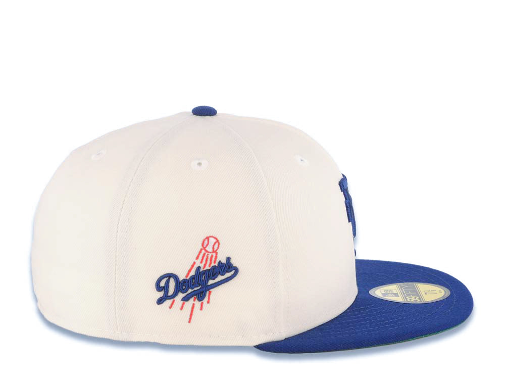 Los Angeles Dodgers New Era MLB 59FIFTY 5950 Fitted Cap Hat Cream Crown Royal Blue Visor Royal Blue Upside Down Logo Green UV