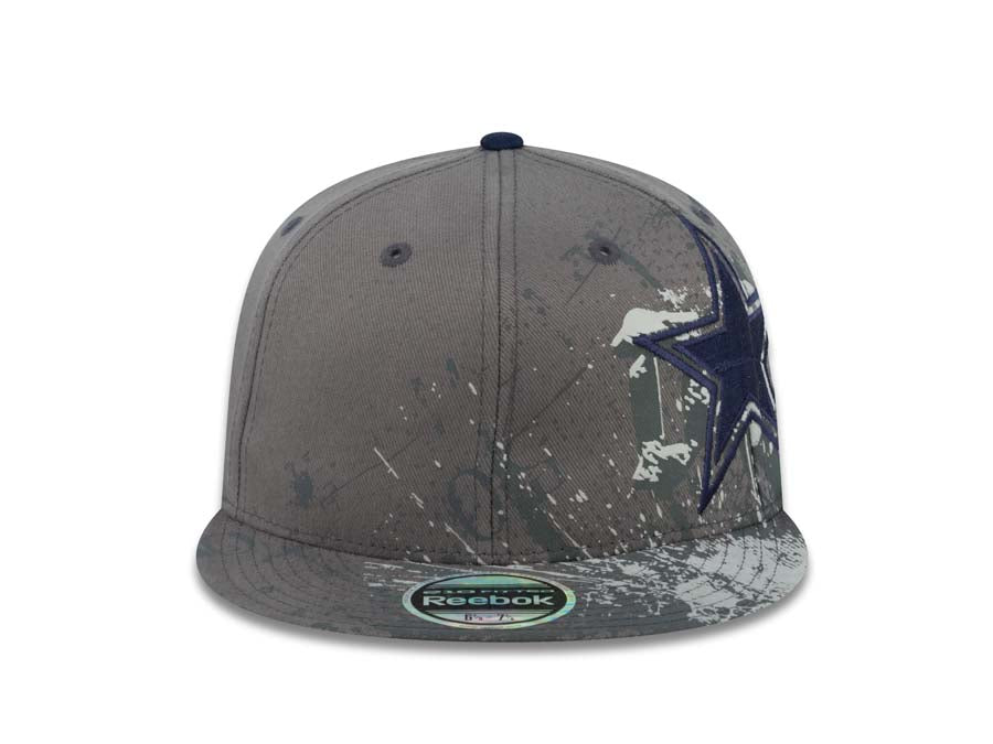 Dallas Cowboys Reebok NFL Flat Visor Flexfit Cap Hat Gray Crown/Visor Blue Side Logo With Screen Printed Paint Splatter