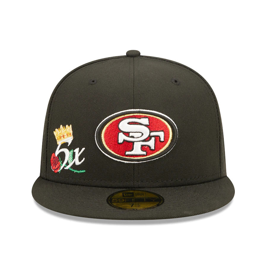 San Francisco 49ers New Era NFL 59FIFTY 5950 Fitted Cap Hat Black Crown/Visor Team Color Logo 5x Crown Rose (Crown Champs)