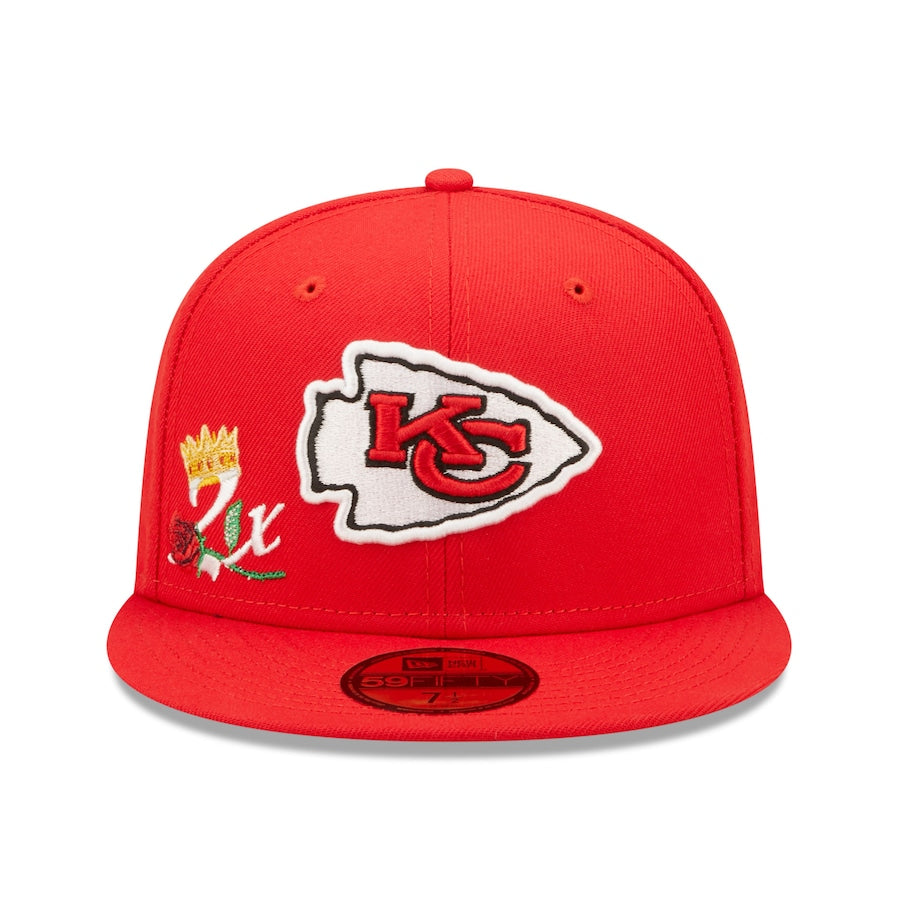 Kansas City Chiefs New Era NFL 59FIFTY 5950 Fitted Cap Hat Red Crown/Visor Team Color Logo 2x Crown Rose (Crown Champs)