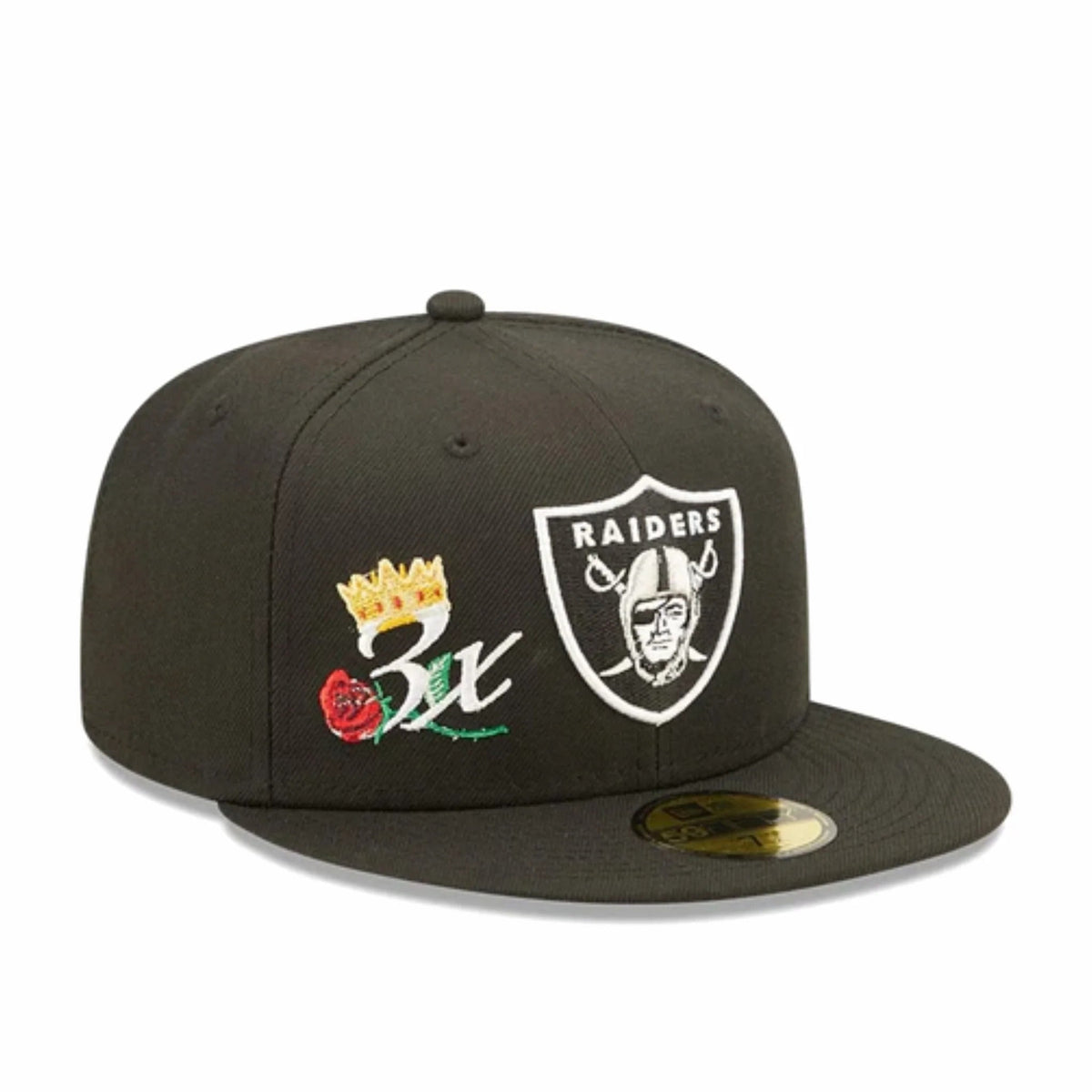 Las Vegas Raiders New Era 59FIFTY 5950 Fitted Cap Hat Black Crown/Visor Team Color Logo 3x Crown Rose (Crown Champs)