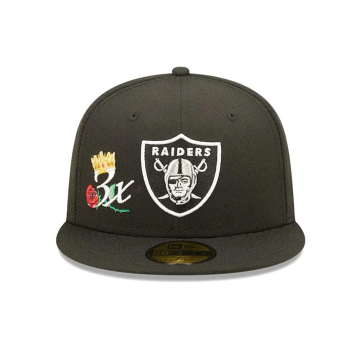 Las Vegas Raiders New Era 59FIFTY 5950 Fitted Cap Hat Black Crown/Visor Team Color Logo 3x Crown Rose (Crown Champs)