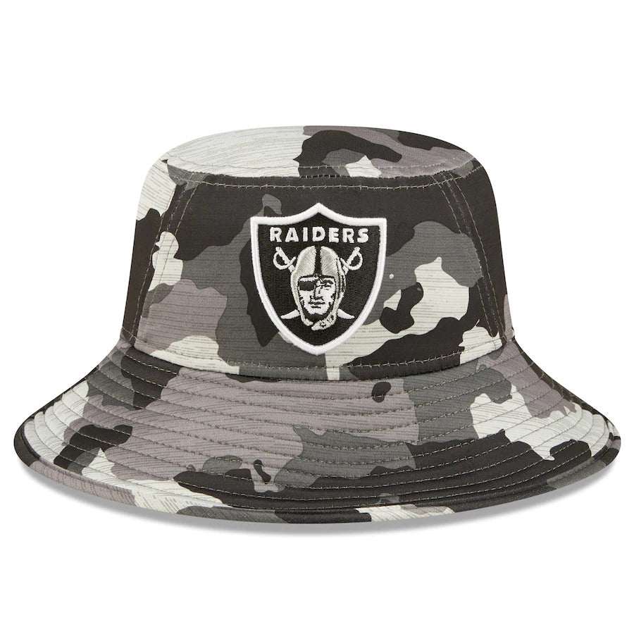 Las Vegas Raiders New Era Bucket Cap Hat Team Color Camo Crown/Visor Team Color Logo (2022 NFL Training Camp)