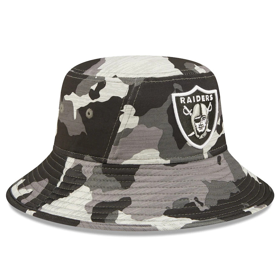 Las Vegas Raiders New Era Bucket Cap Hat Team Color Camo Crown/Visor Team Color Logo (2022 NFL Training Camp)