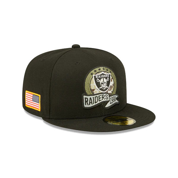 Las Vegas Raiders New Era 59FIFTY 5950 Fitted Cap Hat Black Crown/Visor Camo Logo America Flag Side Patch (2022 Salute To Service)