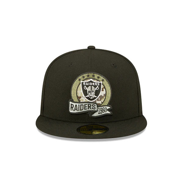 Las Vegas Raiders New Era 59FIFTY 5950 Fitted Cap Hat Black Crown/Visor Camo Logo America Flag Side Patch (2022 Salute To Service)