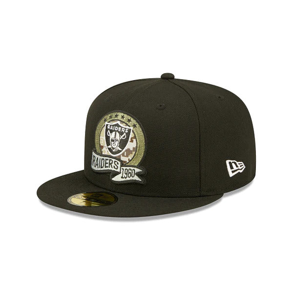 Las Vegas Raiders New Era 59FIFTY 5950 Fitted Cap Hat Black Crown/Visor Camo Logo America Flag Side Patch (2022 Salute To Service)