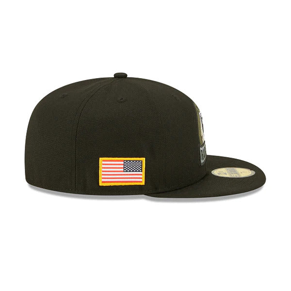 Las Vegas Raiders New Era 59FIFTY 5950 Fitted Cap Hat Black Crown/Visor Camo Logo America Flag Side Patch (2022 Salute To Service)