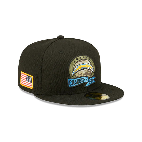 Los Angeles Chargers New Era NFL 59FIFTY 5950 Fitted Cap Hat Black Crown/Visor Camo Logo America Side Patch (2022 Salute To Service)