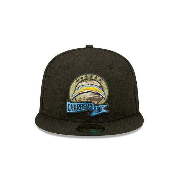 Los Angeles Chargers New Era NFL 59FIFTY 5950 Fitted Cap Hat Black Crown/Visor Camo Logo America Side Patch (2022 Salute To Service)