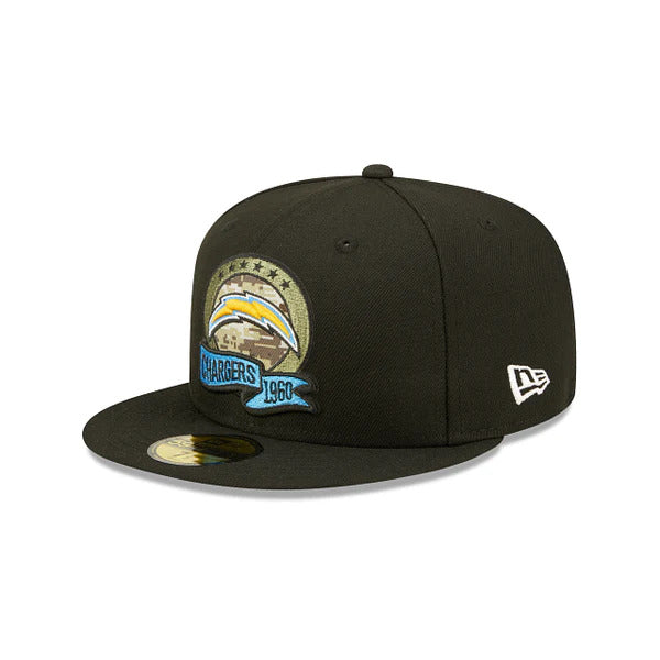 Los Angeles Chargers New Era NFL 59FIFTY 5950 Fitted Cap Hat Black Crown/Visor Camo Logo America Side Patch (2022 Salute To Service)