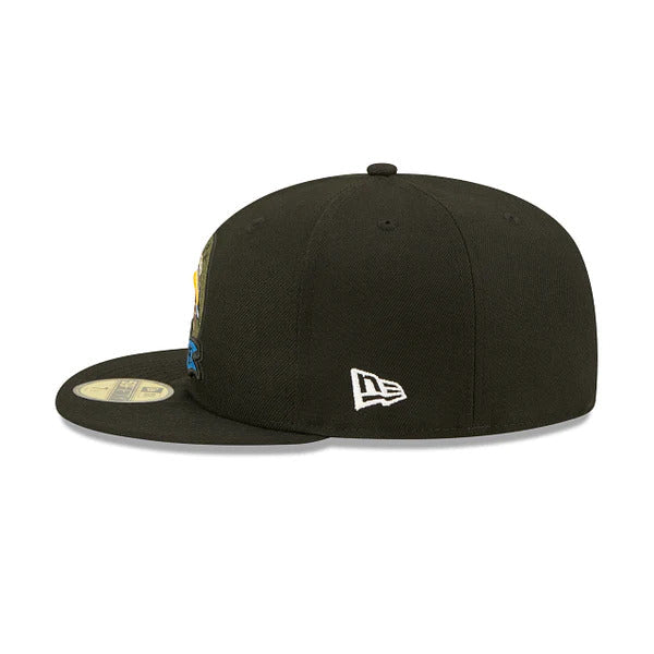 Los Angeles Chargers New Era NFL 59FIFTY 5950 Fitted Cap Hat Black Crown/Visor Camo Logo America Side Patch (2022 Salute To Service)