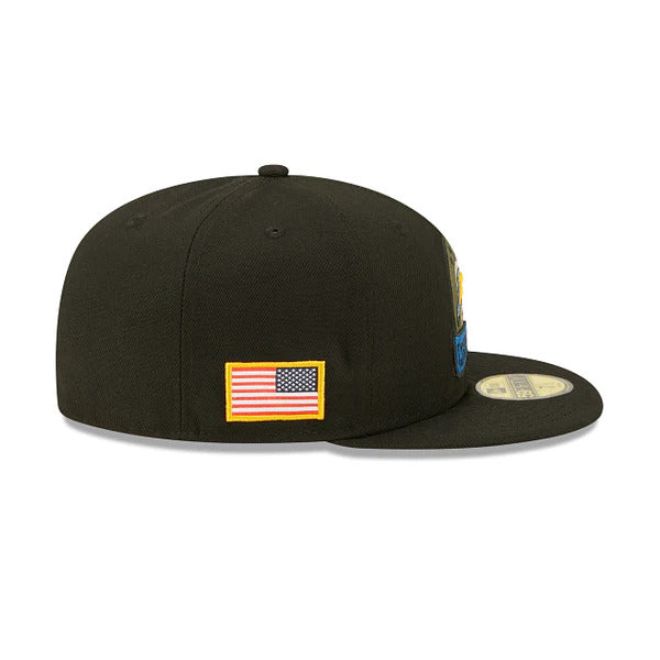 Los Angeles Chargers New Era NFL 59FIFTY 5950 Fitted Cap Hat Black Crown/Visor Camo Logo America Side Patch (2022 Salute To Service)