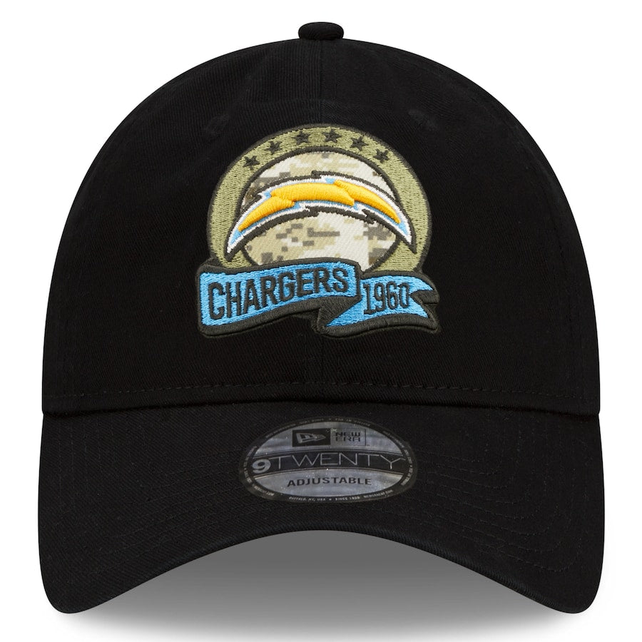 Los Angeles Chargers New Era NFL 9TWENTY 920 Adjustable Cap Hat Black Crown/Visor Camo Logo America Flag Side Patch (2022 Salute To Service)