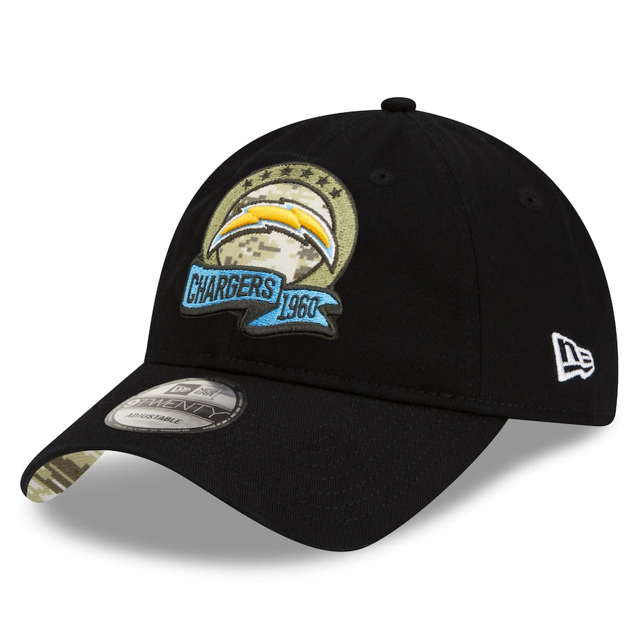 Los Angeles Chargers New Era NFL 9TWENTY 920 Adjustable Cap Hat Black Crown/Visor Camo Logo America Flag Side Patch (2022 Salute To Service)
