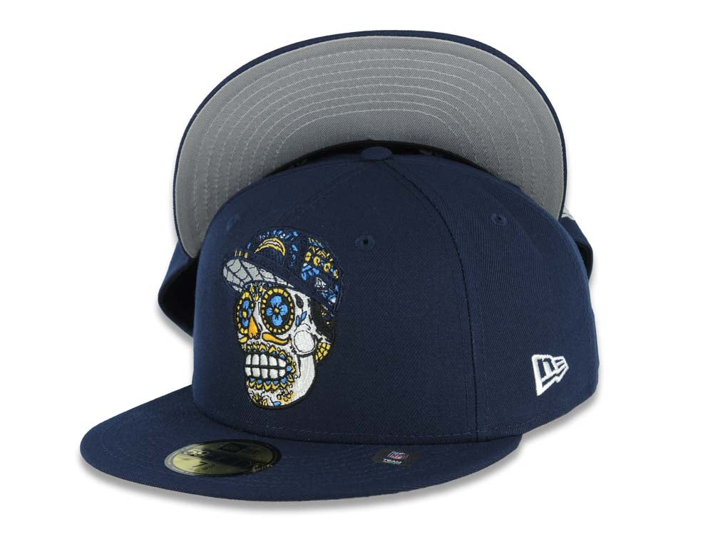 Los Angeles Chargers New Era NFL 59FIFTY 5950 Fitted Cap Hat Navy Blue Crown/Visor Team Color Sugar Skull Logo Gray UV