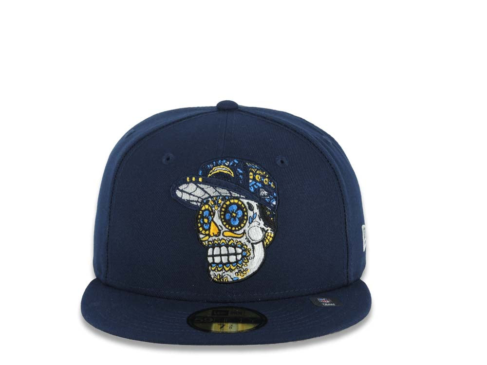 Los Angeles Chargers New Era NFL 59FIFTY 5950 Fitted Cap Hat Navy Blue Crown/Visor Team Color Sugar Skull Logo Gray UV