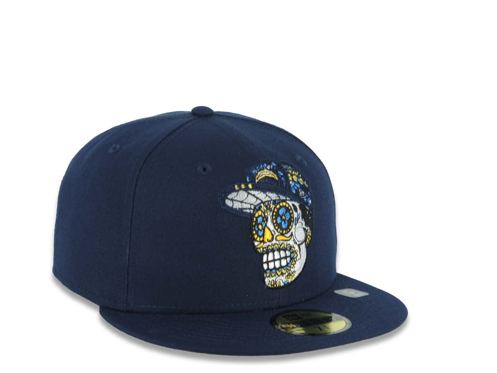 Los Angeles Chargers New Era NFL 59FIFTY 5950 Fitted Cap Hat Navy Blue Crown/Visor Team Color Sugar Skull Logo Gray UV