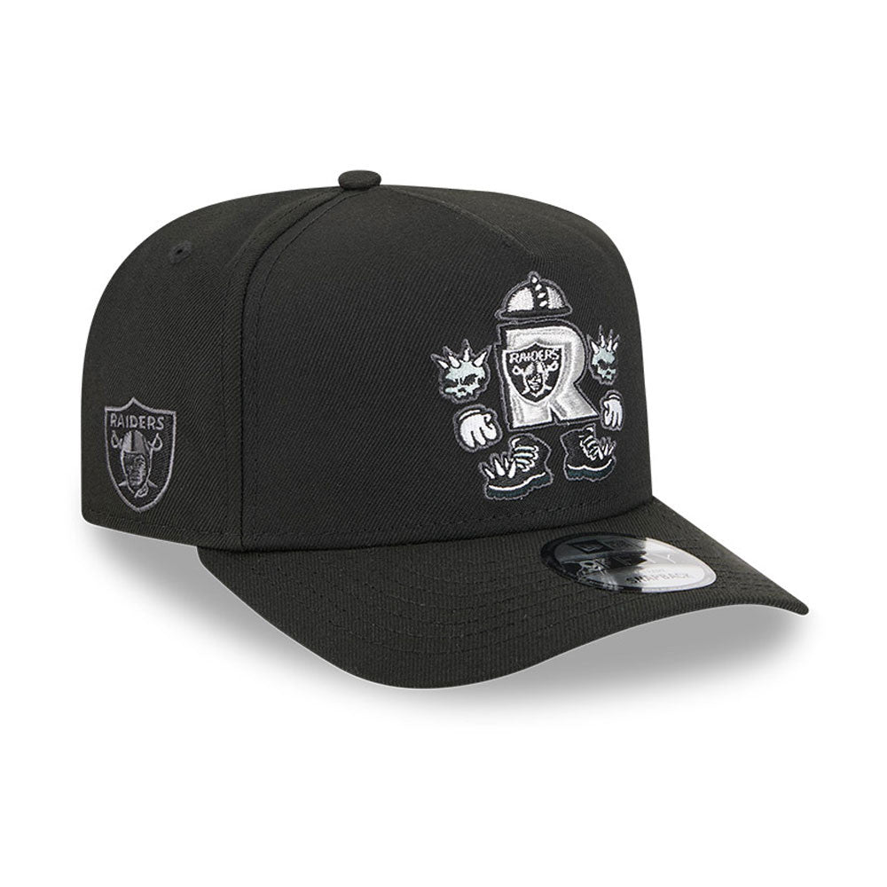 Las Vegas Raiders New Era 9FORTY 940 A-Frame Snapback Cap Hat Black Crown/Visor Gray Logo With Raider Rusher Cartoon