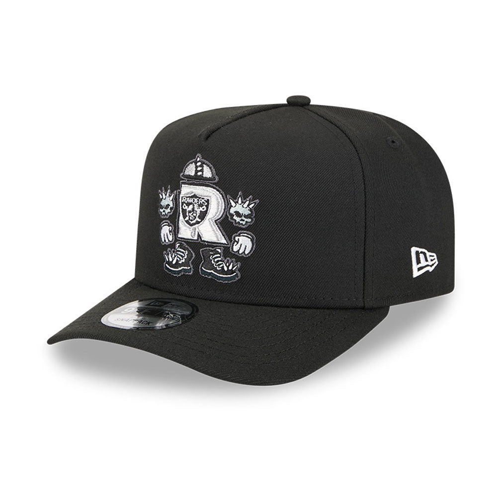 Las Vegas Raiders New Era 9FORTY 940 A-Frame Snapback Cap Hat Black Crown/Visor Gray Logo With Raider Rusher Cartoon