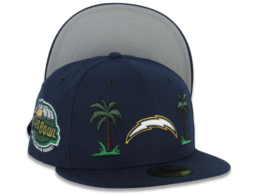 Los Angeles Chargers New Era NFL 59FIFTY 5950 Fitted Cap Hat Navy Blue Crown/Visor White/Navy Blue/Yellow Logo 2 Palm Trees Probowl 2004 Side Patch