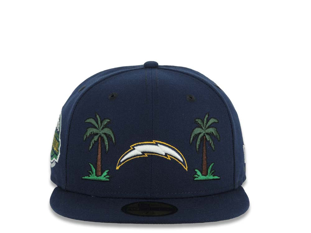 Los Angeles Chargers New Era NFL 59FIFTY 5950 Fitted Cap Hat Navy Blue Crown/Visor White/Navy Blue/Yellow Logo 2 Palm Trees Probowl 2004 Side Patch