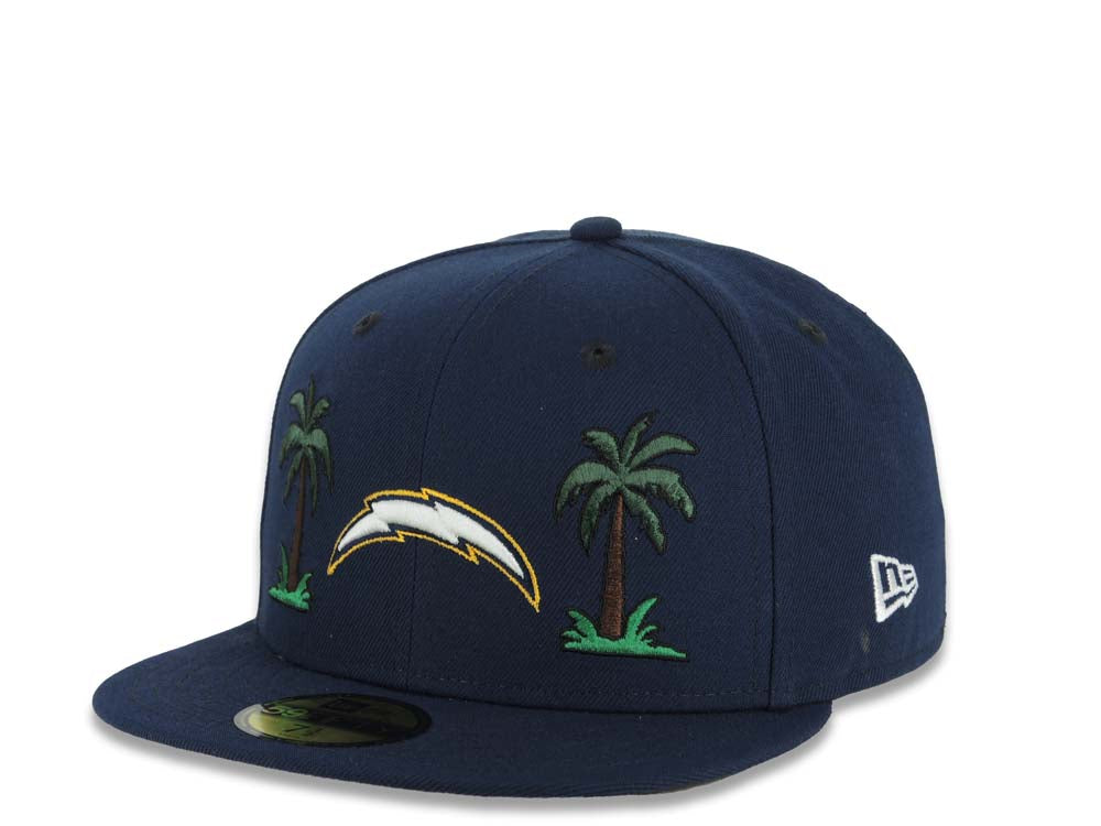 Los Angeles Chargers New Era NFL 59FIFTY 5950 Fitted Cap Hat Navy Blue Crown/Visor White/Navy Blue/Yellow Logo 2 Palm Trees Probowl 2004 Side Patch