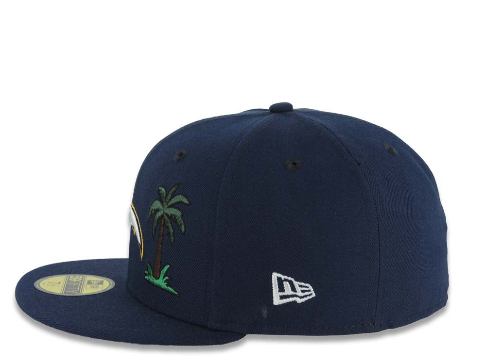 Los Angeles Chargers New Era NFL 59FIFTY 5950 Fitted Cap Hat Navy Blue Crown/Visor White/Navy Blue/Yellow Logo 2 Palm Trees Probowl 2004 Side Patch