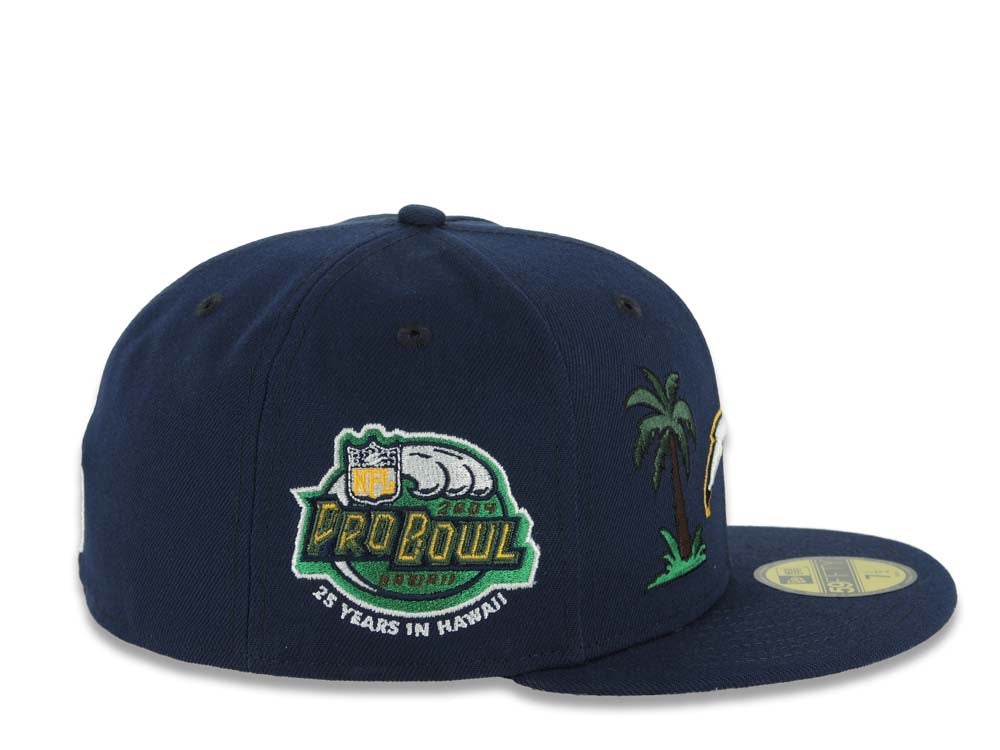 Los Angeles Chargers New Era NFL 59FIFTY 5950 Fitted Cap Hat Navy Blue Crown/Visor White/Navy Blue/Yellow Logo 2 Palm Trees Probowl 2004 Side Patch