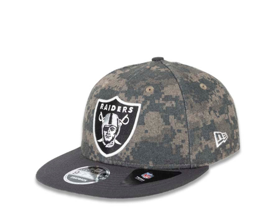 Oakland Raiders New Era NFL 9FIFTY 950 Low Profile Snapback Cap Hat Camo Crown Dark Gray Visor Team Color Logo (Classic Trim)