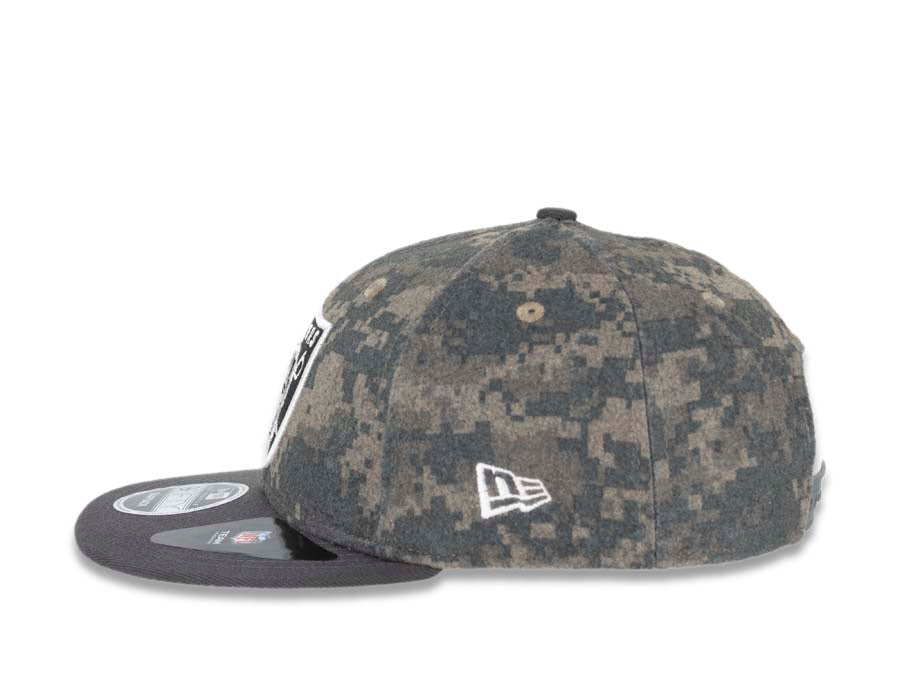 Oakland Raiders New Era NFL 9FIFTY 950 Low Profile Snapback Cap Hat Camo Crown Dark Gray Visor Team Color Logo (Classic Trim)