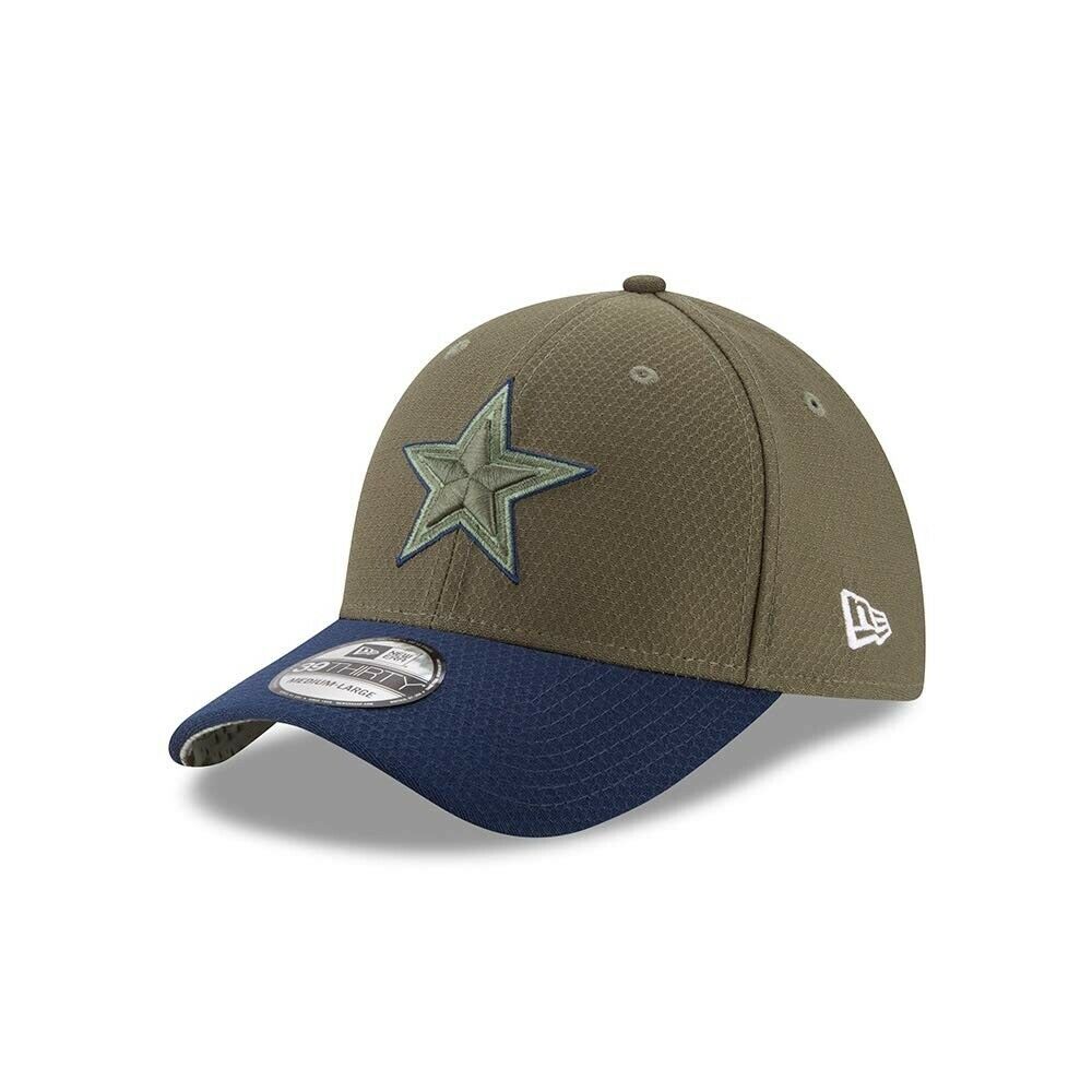 Dallas Cowboys New Era NFL 39THIRTY 3930 Flexfit 2017 Salute To Service Cap Hat Green Crown Navy Visor Team Color Logo Camo UV
