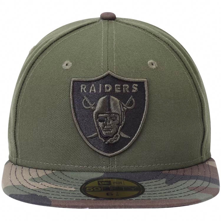 Oakland Raiders New Era NFL 59FIFTY 5950 Fitted Cap Hat Olive Green Crown Camo Visor Black/Green Logo