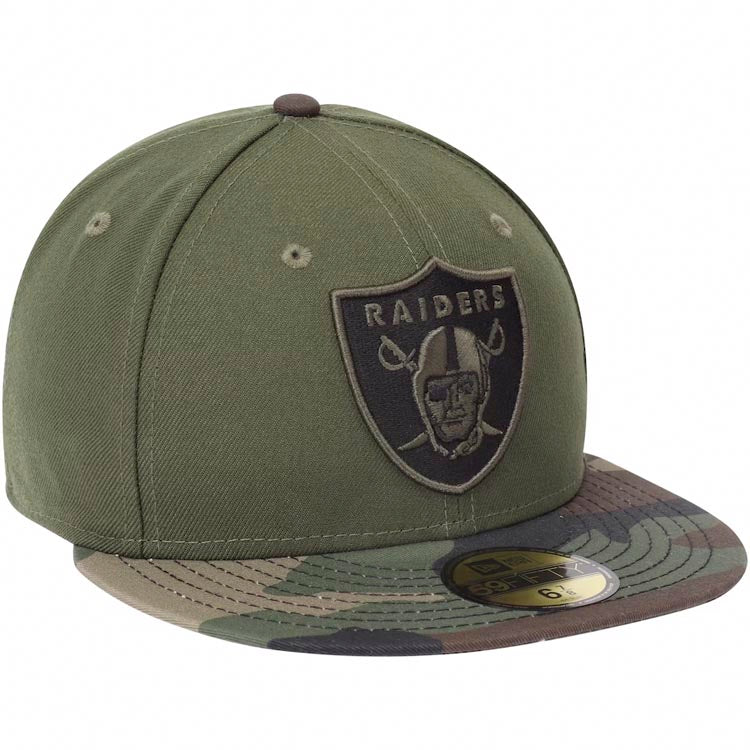 Oakland Raiders New Era NFL 59FIFTY 5950 Fitted Cap Hat Olive Green Crown Camo Visor Black/Green Logo