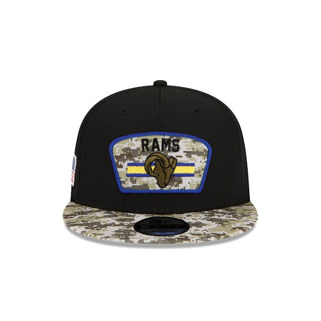 Los Angeles Rams New Era NFL 9FIFTY 950 Snapback 2021 Salute To Service Cap Hat Mesh Black Crown Camo Visor Patch Logo