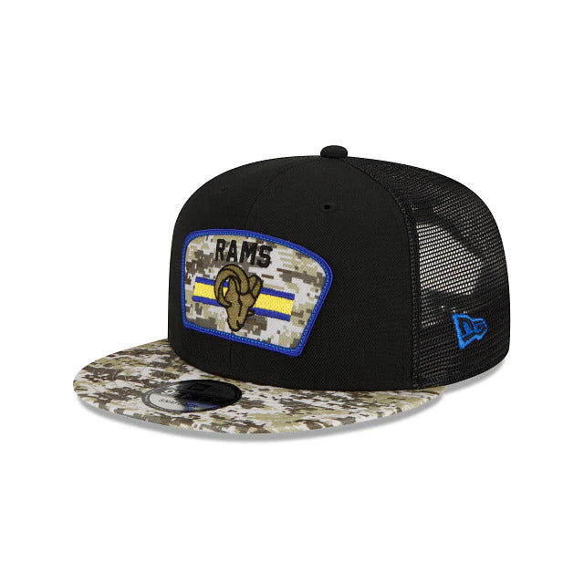 Los Angeles Rams New Era NFL 9FIFTY 950 Snapback 2021 Salute To Service Cap Hat Mesh Black Crown Camo Visor Patch Logo